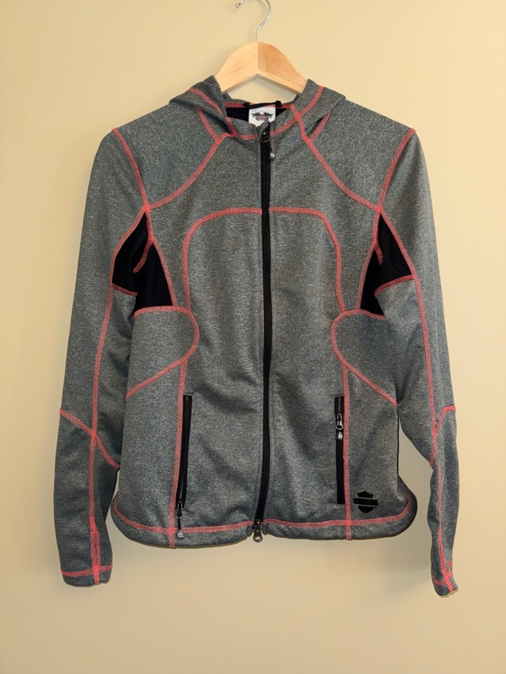 Harley Davidson Full Zip Hoodie M Grey Red Black Thumholes Athletic Comfy Warm